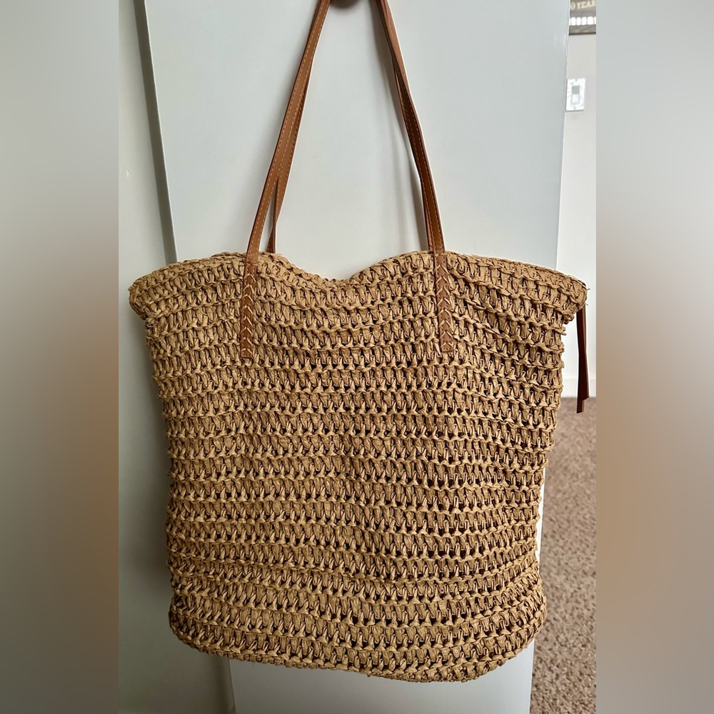 Shoulder/Tote bag raffia pattern, deep beige, large size